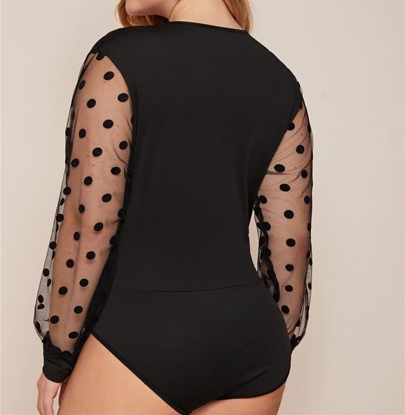 women polka dot short romper, slim fit mesh long sleeve deep v-neck jumpsuit for summer women's swimwear, White;black
women polka dot short romper, slim fit mesh long sleeve deep v-neck jumpsuit for summer women's swimwear, White;black