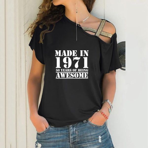women's t-shirt made in 1971 50 years print loose irregular women harajuku skew neck cross bandage for female birthday gift, White
women's t-shirt made in 1971 50 years print loose irregular women harajuku skew neck cross bandage for female birthday gift, White