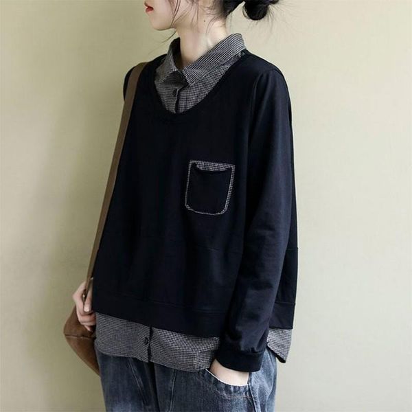 women's hoodies & sweatshirts spring autumn arts style women long sleeve loose pullovers fake two piece turn-down collar patchwork casu, Black
women's hoodies & sweatshirts spring autumn arts style women long sleeve loose pullovers fake two piece turn-down collar patchwork casu, Black