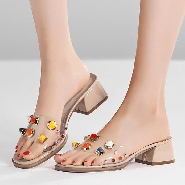 slippers clear colorful rivets women peep toe flipflops thicken med high heels sandalias crystal outdoor square slides woman, Black
slippers clear colorful rivets women peep toe flipflops thicken med high heels sandalias crystal outdoor square slides woman, Black