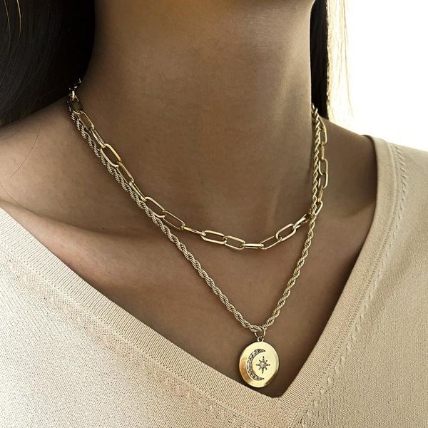 chokers round moon star tag pendant necklace for women gold color alloy double layered clavicle chain collier jewelry gift, Golden;silver
chokers round moon star tag pendant necklace for women gold color alloy double layered clavicle chain collier jewelry gift, Golden;silver