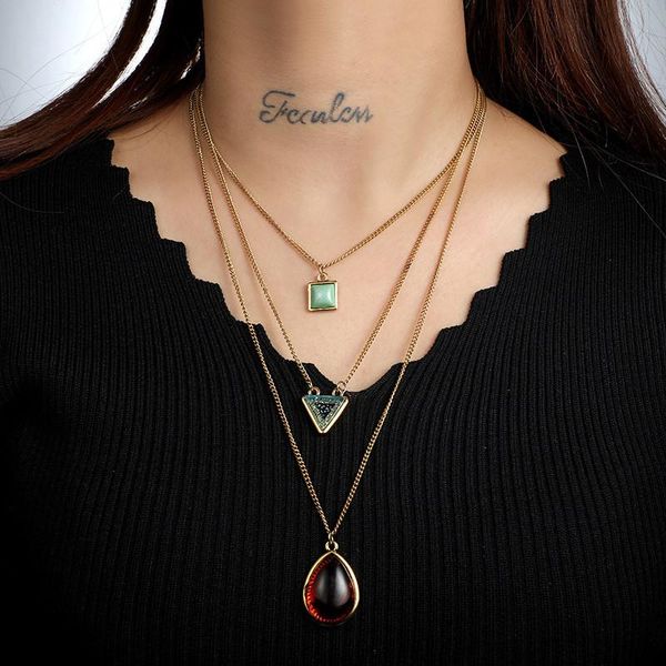 bohemian multi-layer green square triangle red water drop pendant necklace for girl natural stone gold color choker wedding gift necklaces, Silver
bohemian multi-layer green square triangle red water drop pendant necklace for girl natural stone gold color choker wedding gift necklaces, Silver
