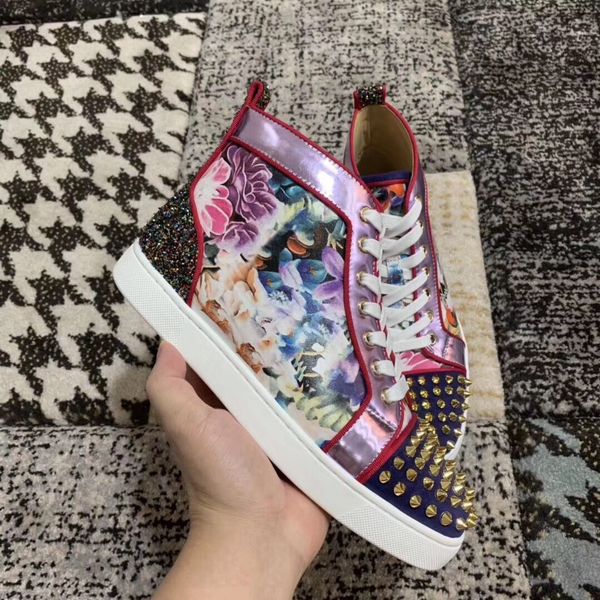men's and women's flat-bottomed high-stud sneakers fashion floral rivet casual shoes walking men and women red bottom dress shoes, Black
men's and women's flat-bottomed high-stud sneakers fashion floral rivet casual shoes walking men and women red bottom dress shoes, Black