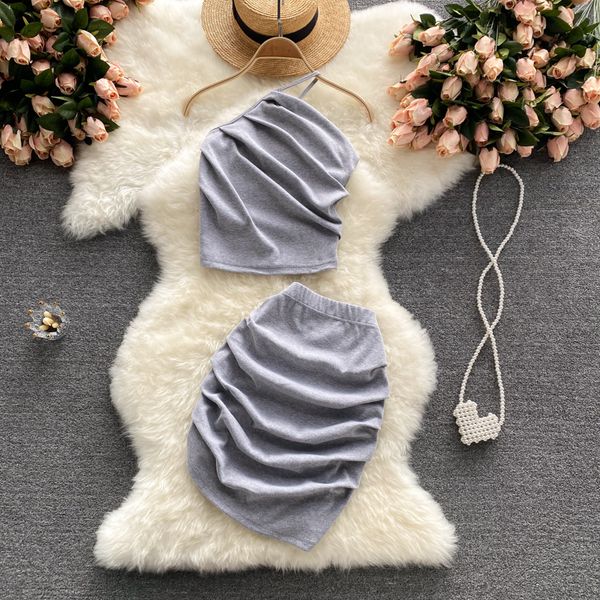 draped two piece set women black/gray skew collar sleeveless camis + high waist pleated mini skirt female suit 2021
draped two piece set women black/gray skew collar sleeveless camis + high waist pleated mini skirt female suit 2021