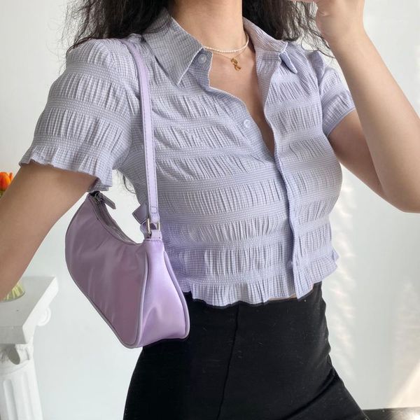 european and american lavender purple pleated plaid short-sleeved shirt women's slim fit short lapel t-shirt, White
european and american lavender purple pleated plaid short-sleeved shirt women's slim fit short lapel t-shirt, White