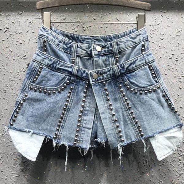 spring and summer personality womens short fake two pieces jeans beaded high waist denim skirt, White;black
spring and summer personality womens short fake two pieces jeans beaded high waist denim skirt, White;black