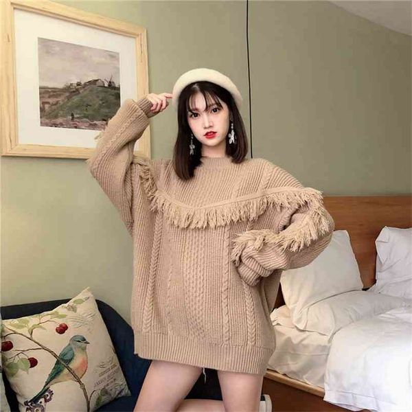women tassels oversize knitted sweaters long sleeve vintage lady pullovers winter thick jumper stylish casual 210427, White;black
women tassels oversize knitted sweaters long sleeve vintage lady pullovers winter thick jumper stylish casual 210427, White;black