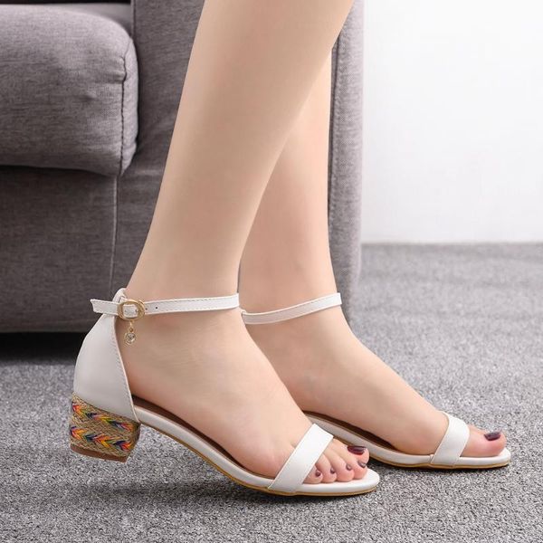 sandals summer woman square white high heels ankle strap sandal office ladies career casual party wedding shoes, Black