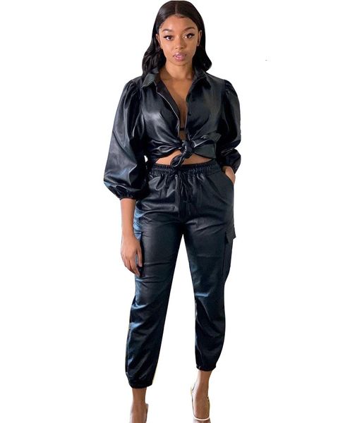 black leather women two pieces outfits autumn sleeves turn down neck buttons shirt and pocket long pants clubwear, Gray
black leather women two pieces outfits autumn sleeves turn down neck buttons shirt and pocket long pants clubwear, Gray