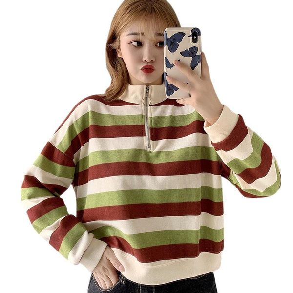 women's casual pullovers spring autumn korean style thin stand collar short loose zipper striped long sleeve hoodies & sweatshirts, Black
women's casual pullovers spring autumn korean style thin stand collar short loose zipper striped long sleeve hoodies & sweatshirts, Black