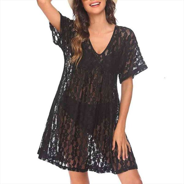 women swimsuit cover up dress hollow out lace bikini cover up solid color short sleeve swimwear loose mesh beachwear, White;black
women swimsuit cover up dress hollow out lace bikini cover up solid color short sleeve swimwear loose mesh beachwear, White;black