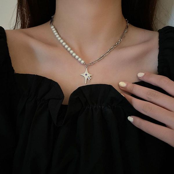 pendant necklaces korean titanium steel pearl four-pointed star letter necklace simple design sense clavicle chain female, Silver
pendant necklaces korean titanium steel pearl four-pointed star letter necklace simple design sense clavicle chain female, Silver