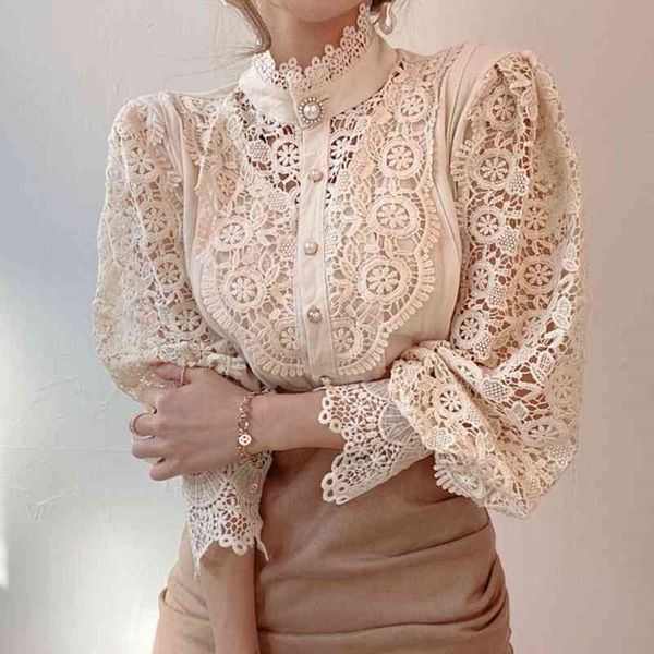 chic button white woman blouses long sleeve elegant summer fashion hollow out flower lace patchwork shirt 210410
chic button white woman blouses long sleeve elegant summer fashion hollow out flower lace patchwork shirt 210410