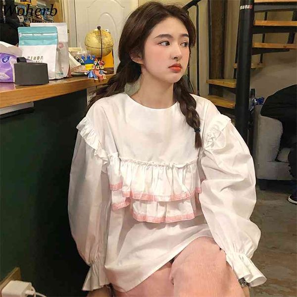 korean chic shirt white blusas de mujer sweet o-neck puff sleeve loose blouses women patchwork ruffles cute blouse 210519
korean chic shirt white blusas de mujer sweet o-neck puff sleeve loose blouses women patchwork ruffles cute blouse 210519