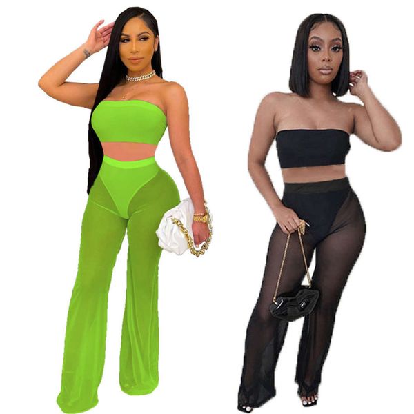 9190# women's summer solid color perspective bra mesh wide leg pants suit, Black;white
9190# women's summer solid color perspective bra mesh wide leg pants suit, Black;white