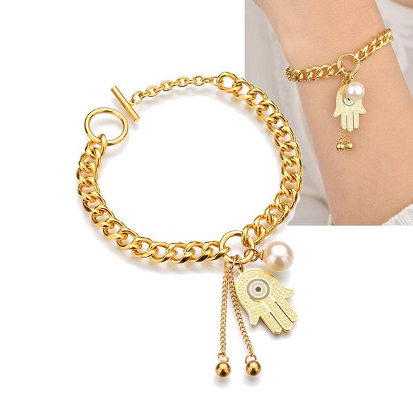 woman gift 18k gold plated stainless steel chain bracelet fatima hand pearl charm ot toggle clasp bracelets, Black
woman gift 18k gold plated stainless steel chain bracelet fatima hand pearl charm ot toggle clasp bracelets, Black