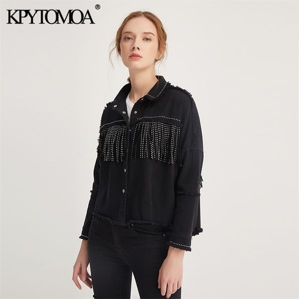 kpytomoa women fashion tassel beaded oversized denim jacket coat vintage long sleeve frayed hem female outerwear chic 211029, Black;brown
kpytomoa women fashion tassel beaded oversized denim jacket coat vintage long sleeve frayed hem female outerwear chic 211029, Black;brown