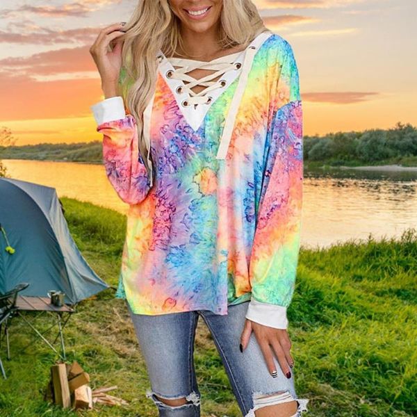 women shirt casual lace up cross strap v-neck tie dye print loose pullover polyester long sleeve women's 2021 t-shirt, White
women shirt casual lace up cross strap v-neck tie dye print loose pullover polyester long sleeve women's 2021 t-shirt, White