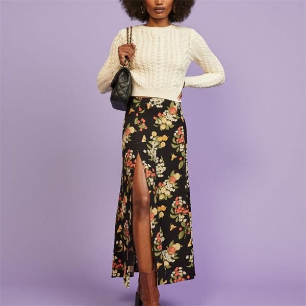 spring and autumn women's casual flower print high waist split skirt 210430, Black 
spring and autumn women's casual flower print high waist split skirt 210430, Black