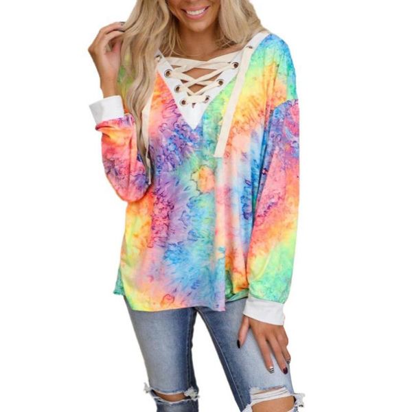 women's t-shirt spring tie-dyed printed long sleeve v-neck strap casual, White
women's t-shirt spring tie-dyed printed long sleeve v-neck strap casual, White