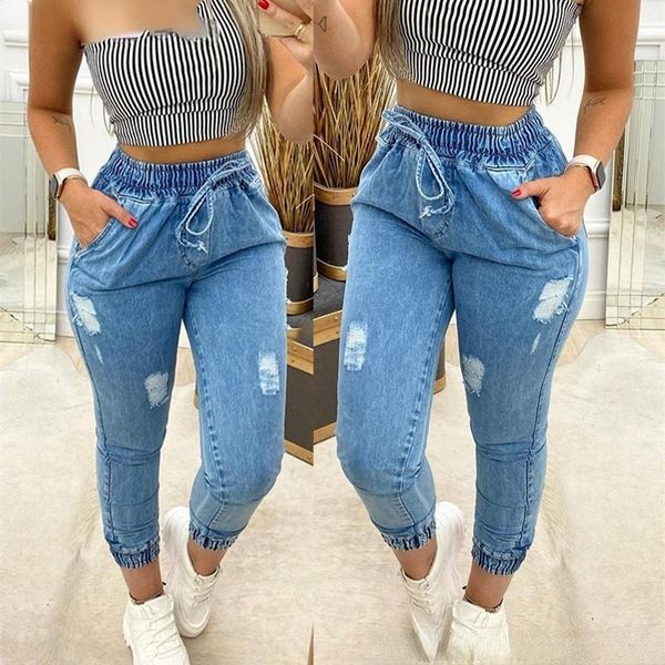 women's jeans ladies ripped retro high elastic waist tight-fitting pencil hole streetwear tie casual cropped, Blue
women's jeans ladies ripped retro high elastic waist tight-fitting pencil hole streetwear tie casual cropped, Blue