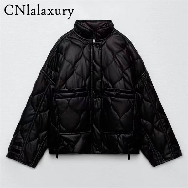 winter za women fashion vintage plaid faxu leather parka jacket casual pockets cotton coat loose short outwear female 211215, Black
winter za women fashion vintage plaid faxu leather parka jacket casual pockets cotton coat loose short outwear female 211215, Black