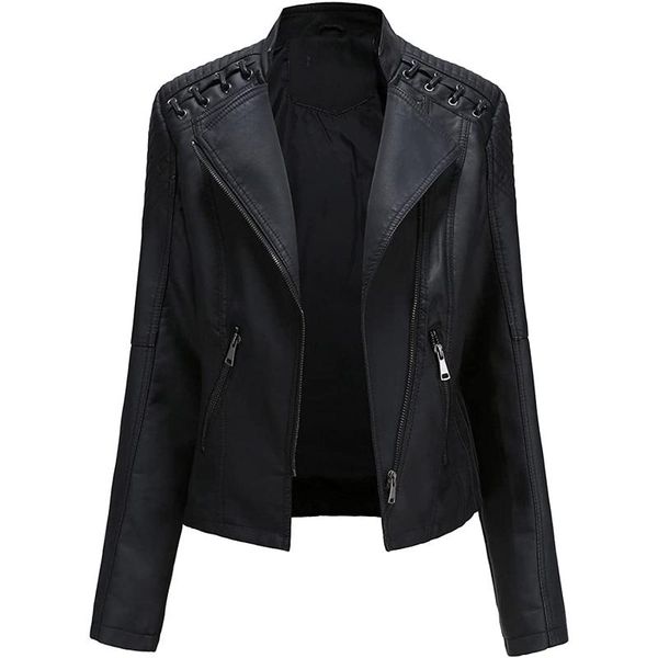 women's leather & faux womens jacket slim pu motorcycle biker casual zipper short coat with pockets, Black
women's leather & faux womens jacket slim pu motorcycle biker casual zipper short coat with pockets, Black