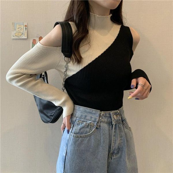 women's sweaters knitted pullover half high collar shoulder hollow contrast color slim short thin sweater autumn chic female clothed, White;black
women's sweaters knitted pullover half high collar shoulder hollow contrast color slim short thin sweater autumn chic female clothed, White;black