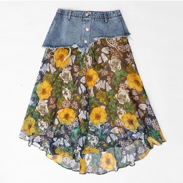 s fashion floral chiffon splicing womens skirts denim long mujer faldas jupe free, Black
s fashion floral chiffon splicing womens skirts denim long mujer faldas jupe free, Black