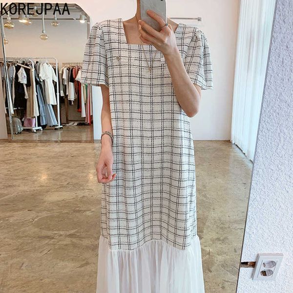 korejpaa women dress summer french square collar contrast color plaid loose short-sleeved mesh stitching ruffled vestidos 210526, Black;gray
korejpaa women dress summer french square collar contrast color plaid loose short-sleeved mesh stitching ruffled vestidos 210526, Black;gray