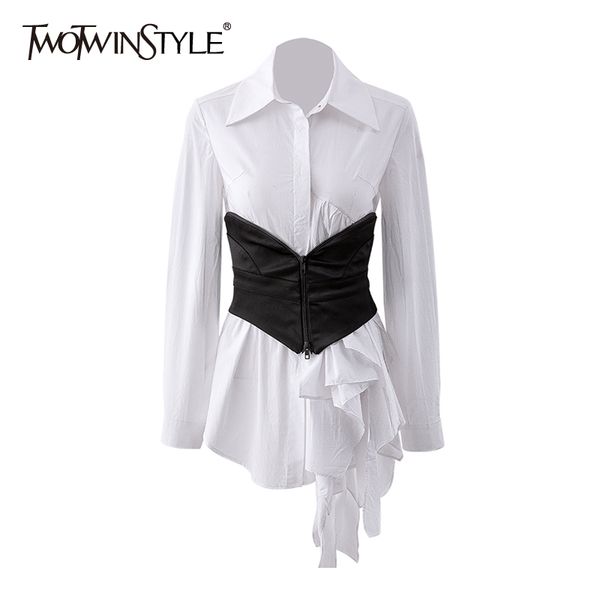 twotwinstyle casual two piece set for women lapel long sleeve patchwork ruffle shirt zipper black belt elegant sets female 210517, White
twotwinstyle casual two piece set for women lapel long sleeve patchwork ruffle shirt zipper black belt elegant sets female 210517, White