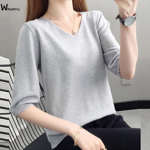 women's t-shirt basic solid pullovers three quarter sleeve knitted for women summer korean style v-neck elastic knitwear female, White
women's t-shirt basic solid pullovers three quarter sleeve knitted for women summer korean style v-neck elastic knitwear female, White