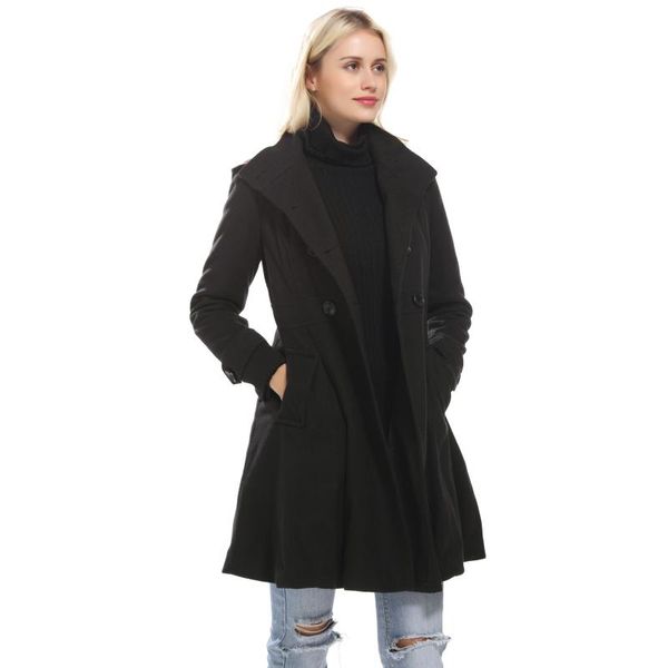 

women's wool & blends 2021 coats women winter solid swing plus velvet overcoat girls double breasted pea long sleeved slim coat size, Black