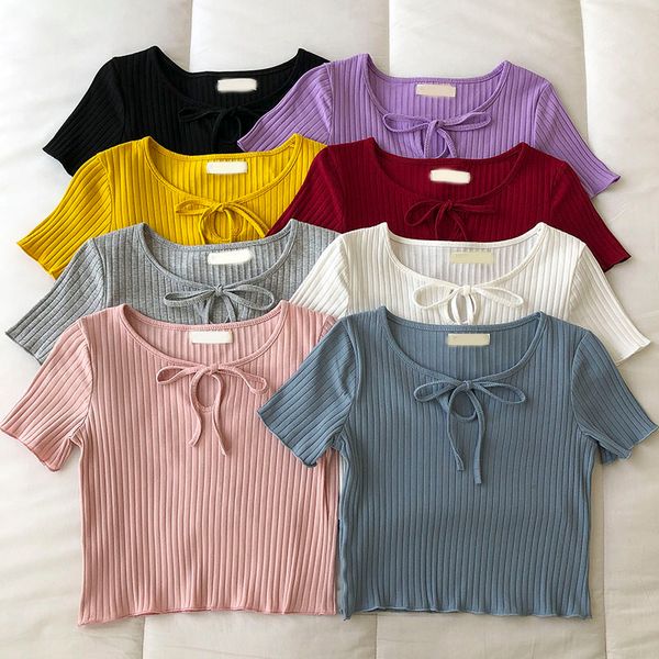 women t-shirts plain knitte t-shirt drawstring round neck t-shirts solid basic crop streetwear girls tees summer 210518, White
women t-shirts plain knitte t-shirt drawstring round neck t-shirts solid basic crop streetwear girls tees summer 210518, White