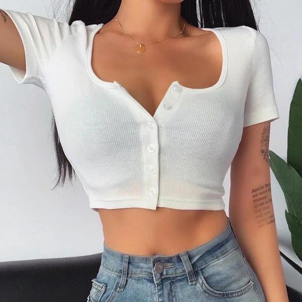 women's t-shirt women square collar short sleeve buttons up crop summer korean cardigan tees female low neck exposed navel t shirts, White
women's t-shirt women square collar short sleeve buttons up crop summer korean cardigan tees female low neck exposed navel t shirts, White