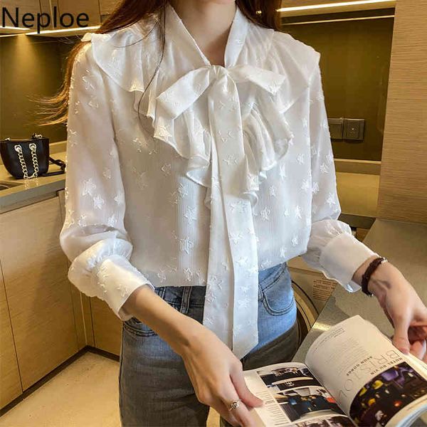 neploe blouses women korean chiffon long-sleeved white shirt spring new style ruffled lace up bow elegant blouse femme 210422 
neploe blouses women korean chiffon long-sleeved white shirt spring new style ruffled lace up bow elegant blouse femme 210422