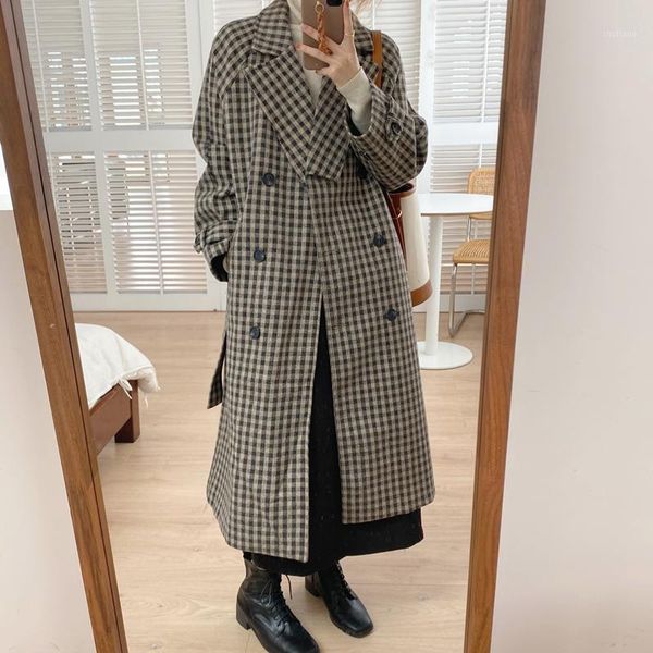 women's wool & blends women double breasted plaid long trend coat sleeve casual woolen fashion overcoat loose office lady autumn winter, Black
women's wool & blends women double breasted plaid long trend coat sleeve casual woolen fashion overcoat loose office lady autumn winter, Black
