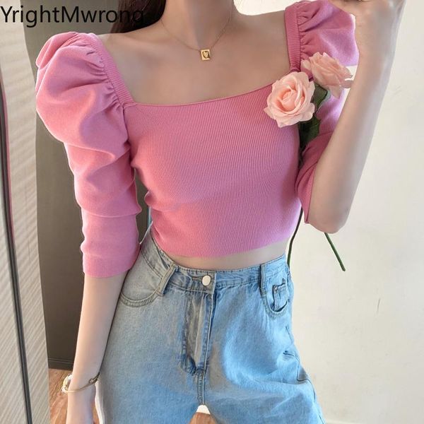 women's t-shirt ruched puff sleeve slim knit spring square solid fashion crop short women bandage t shirt korean cropped street, White
women's t-shirt ruched puff sleeve slim knit spring square solid fashion crop short women bandage t shirt korean cropped street, White