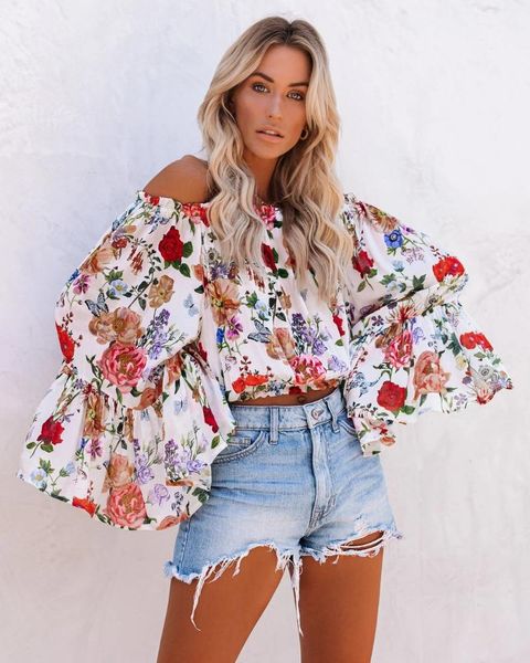 women's blouses & shirts 2021 summer flower printed off shoulder flare sleeve high waist crop, White
women's blouses & shirts 2021 summer flower printed off shoulder flare sleeve high waist crop, White