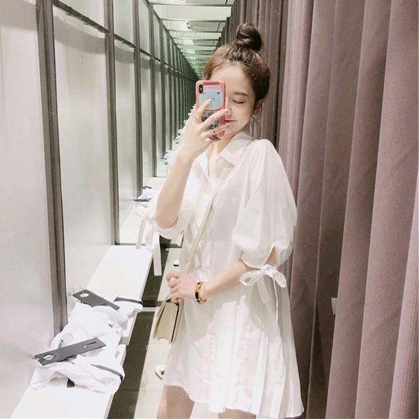 women's t-shirt spring summer fashion casual mid-length solid colour shirt dress with lantern sleeves draw back cute style, White
women's t-shirt spring summer fashion casual mid-length solid colour shirt dress with lantern sleeves draw back cute style, White