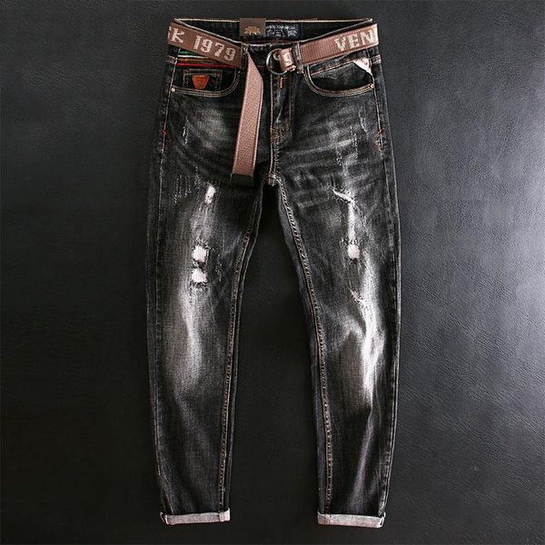men's jeans italian style fashion men retro black gray elastic slim fit ripped patchwork vintage designer casual denim pants, Blue
men's jeans italian style fashion men retro black gray elastic slim fit ripped patchwork vintage designer casual denim pants, Blue