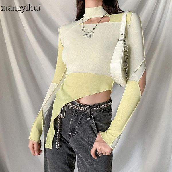 women's t-shirt fashion irregular women casual autumn half turtleneck long sleeve slim elastic patchwork short tshirts cropped top, White 
women's t-shirt fashion irregular women casual autumn half turtleneck long sleeve slim elastic patchwork short tshirts cropped top, White