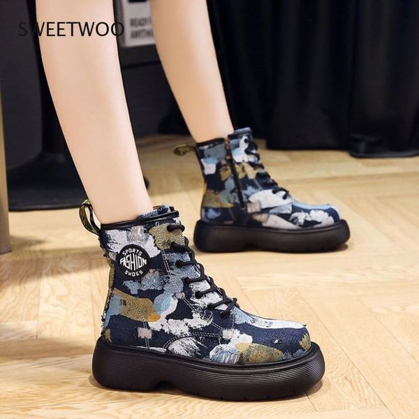 boots women lace up denim snow motorcycle canvas short leopard zebra print casual shoes, Black