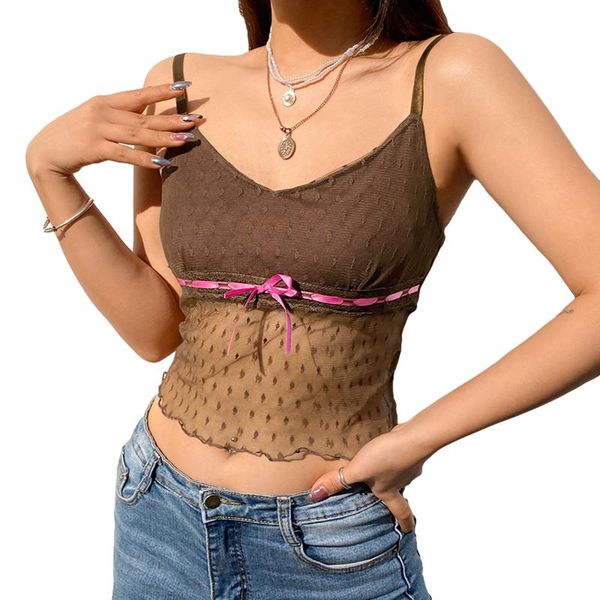 women see through camisole, low cut sleeveless crop with bowknot decor for summer women's tanks & camis, White
women see through camisole, low cut sleeveless crop with bowknot decor for summer women's tanks & camis, White