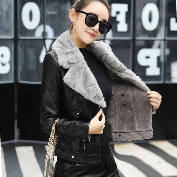 women's leather & faux theme 21 pu jacket women fashion olive rabbit fur collar wool warm coat short zipper outerwear 87ep, Black
women's leather & faux theme 21 pu jacket women fashion olive rabbit fur collar wool warm coat short zipper outerwear 87ep, Black