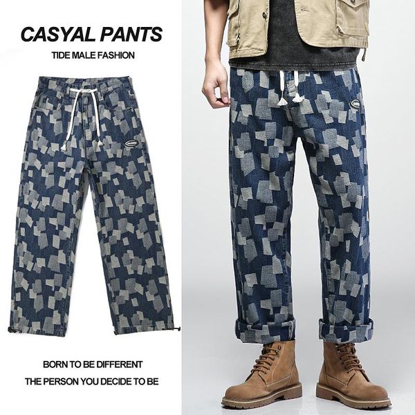 young men's brand fashion loose casual jacquard jeans trend high street mid-waist tie-up straight leg pants wide, Blue
young men's brand fashion loose casual jacquard jeans trend high street mid-waist tie-up straight leg pants wide, Blue