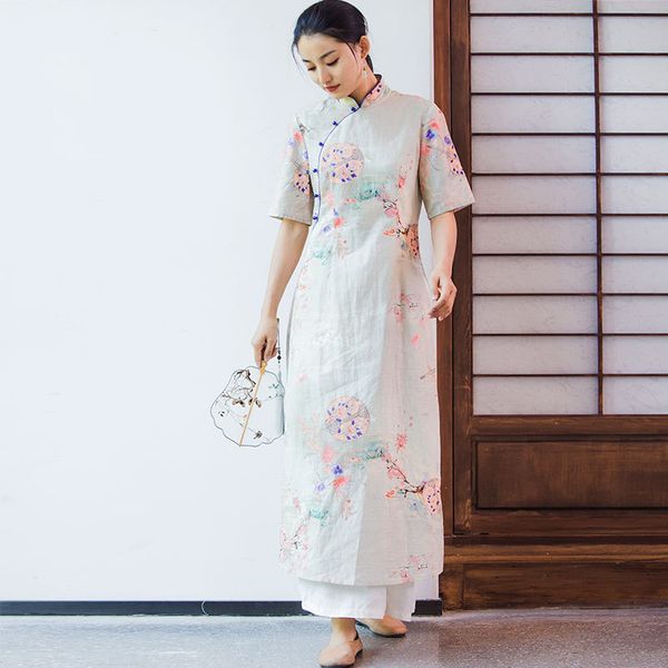 johnature women stand cotton vintage dress casual summer print floral half sleeve button chinese style cheongsam 210521, Black;gray
johnature women stand cotton vintage dress casual summer print floral half sleeve button chinese style cheongsam 210521, Black;gray