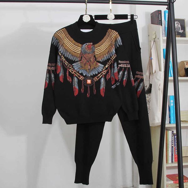 women's two piece pants handwork beading eagle print knitted set women tracksuits pullover sweater pencil outfits female loos l60w, White
women's two piece pants handwork beading eagle print knitted set women tracksuits pullover sweater pencil outfits female loos l60w, White