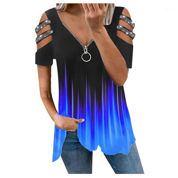 women's t-shirt 2021 summer fashion studded cold shoulder cutout sleeve zip front casual tie-dye short, White
women's t-shirt 2021 summer fashion studded cold shoulder cutout sleeve zip front casual tie-dye short, White