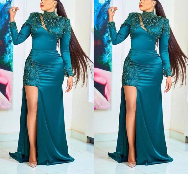 side split prom dresses pearls beaded high neck long sleeves evening dress formal party second reception gowns, Black
side split prom dresses pearls beaded high neck long sleeves evening dress formal party second reception gowns, Black
